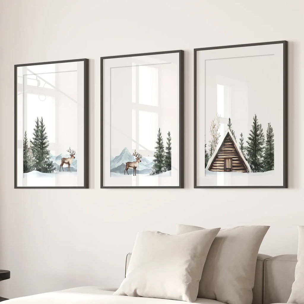 Rustic Cabin, Snowy Forest Prints. 3 Piece Winter Wall Art
