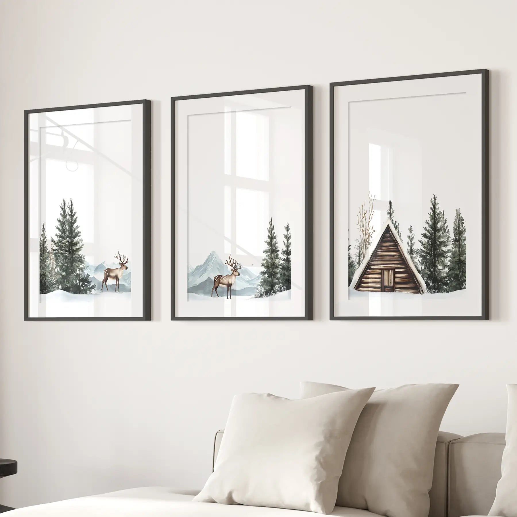 Rustic Cabin, Snowy Forest Prints. 3 Piece Winter Wall Art