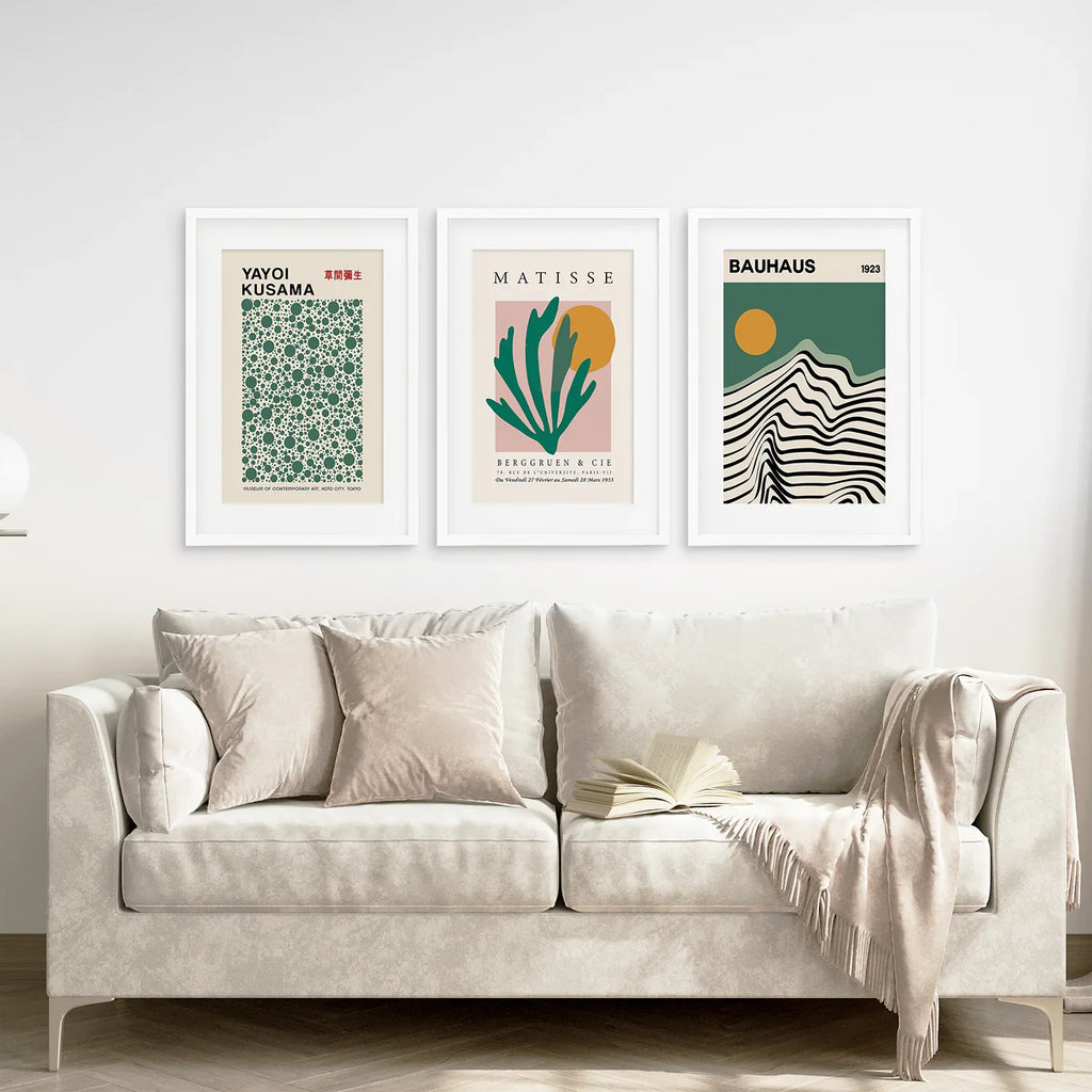 Sage Green Set of 3 Prints. Bauhaus, Kusama, Matisse Style