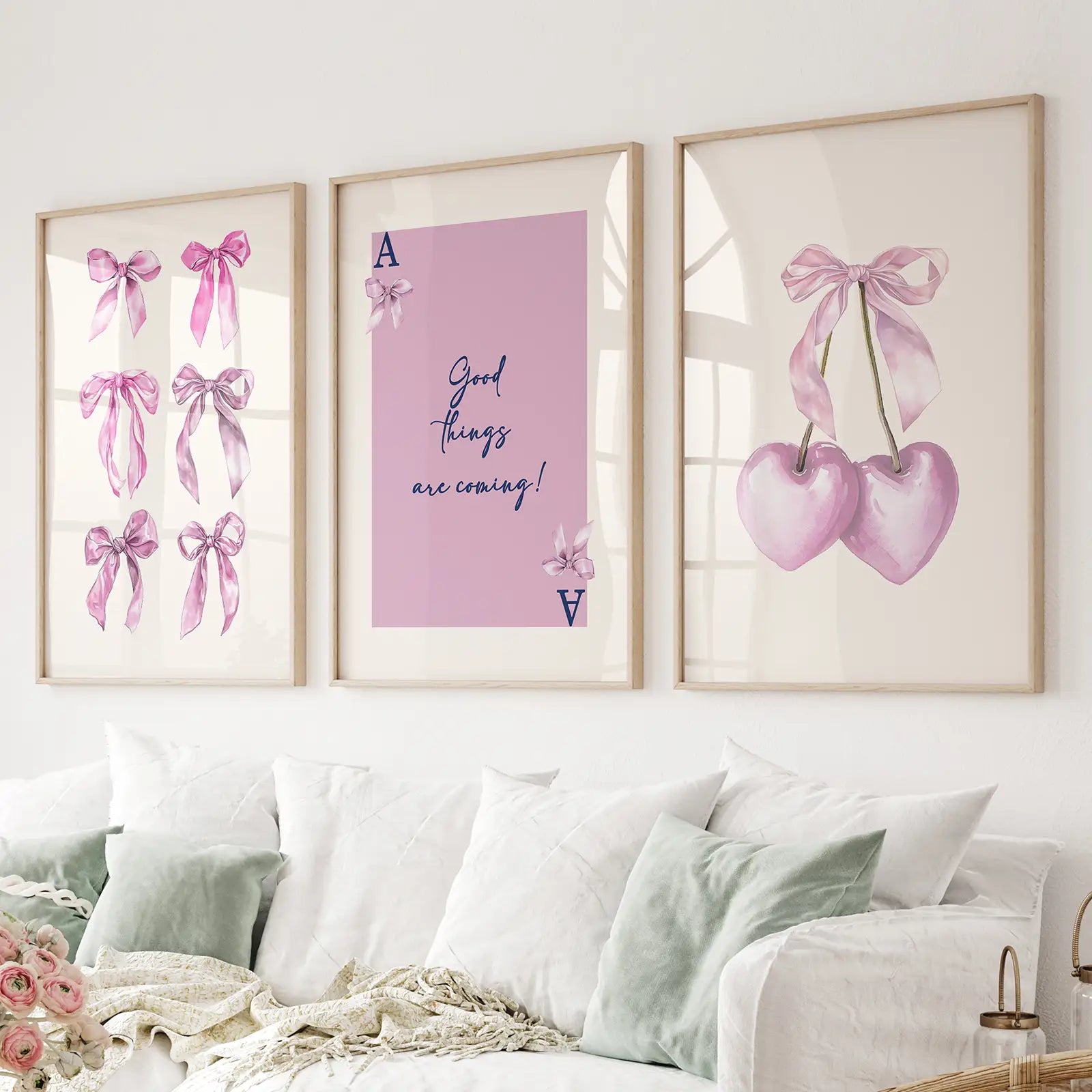 Trendy Pink Bows Wall Art Girly Print Decor Set