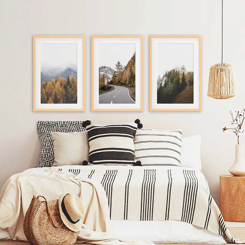 Brown Autumn Mountain Forest Scenery. Set of 3 Prints