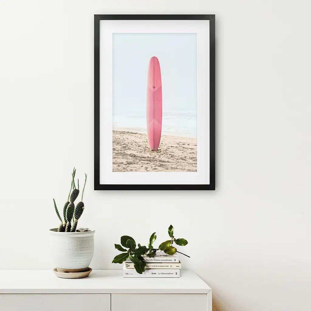 Pink Surfboard on a Sandy Beach Print. California Summer