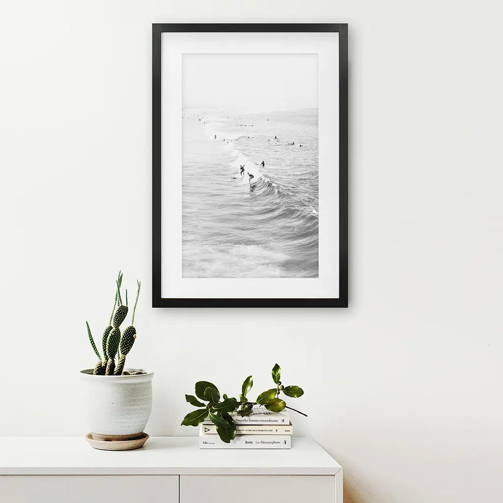 Black White Surfers on the Waves Wall Art Print