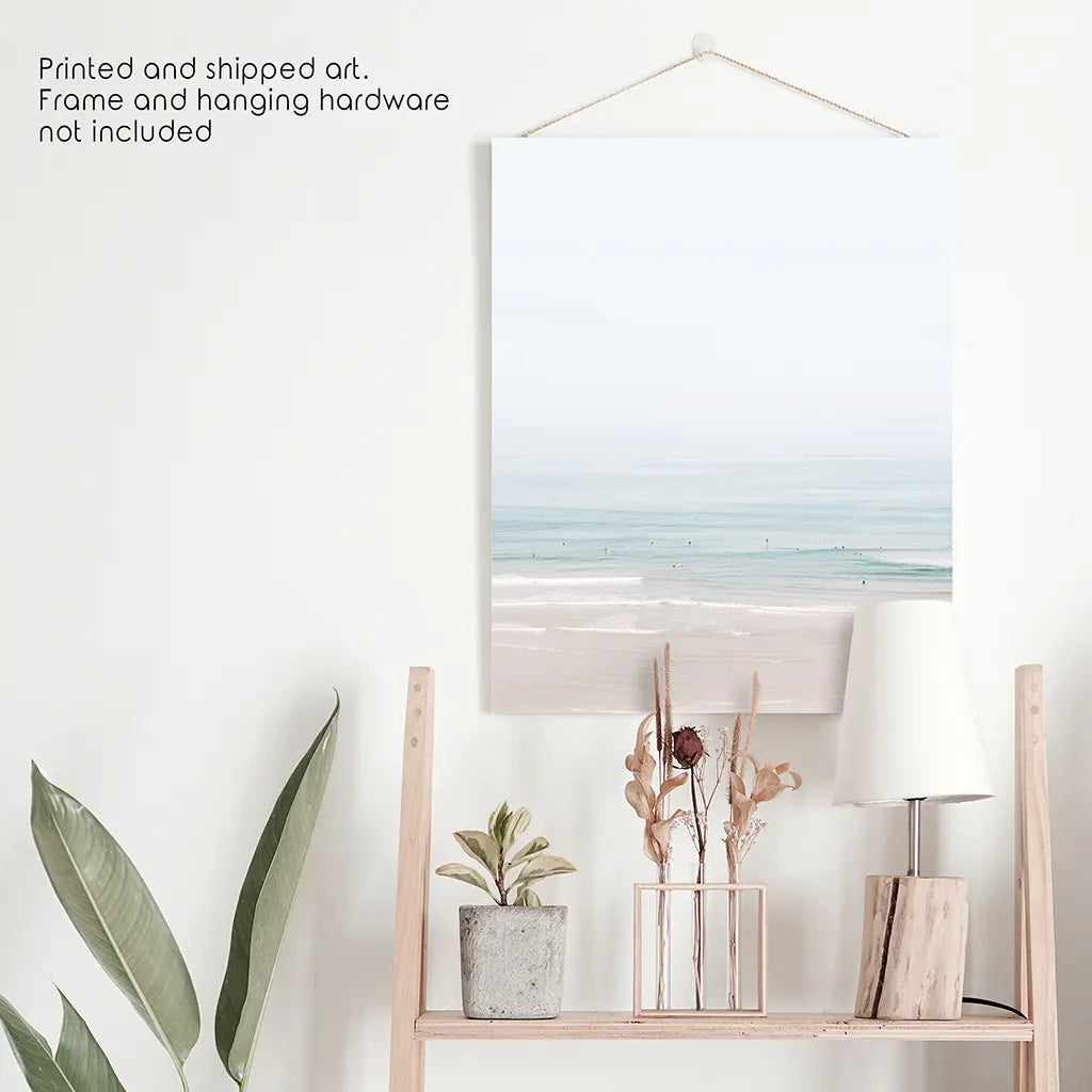 Pastel Pink Beach and Blue Waves. Modern Sea Print