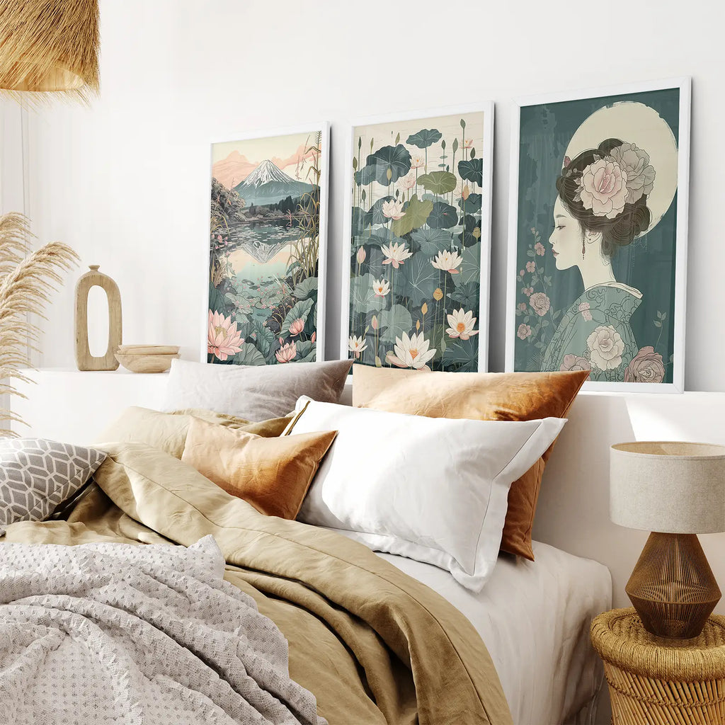 Japanese Nature Wall Art Set. Geisha Poster, Fuji Mountain