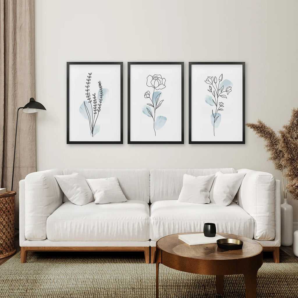 Botanical Line Art Set of 3 Pieces. Pastel Blue Flowers