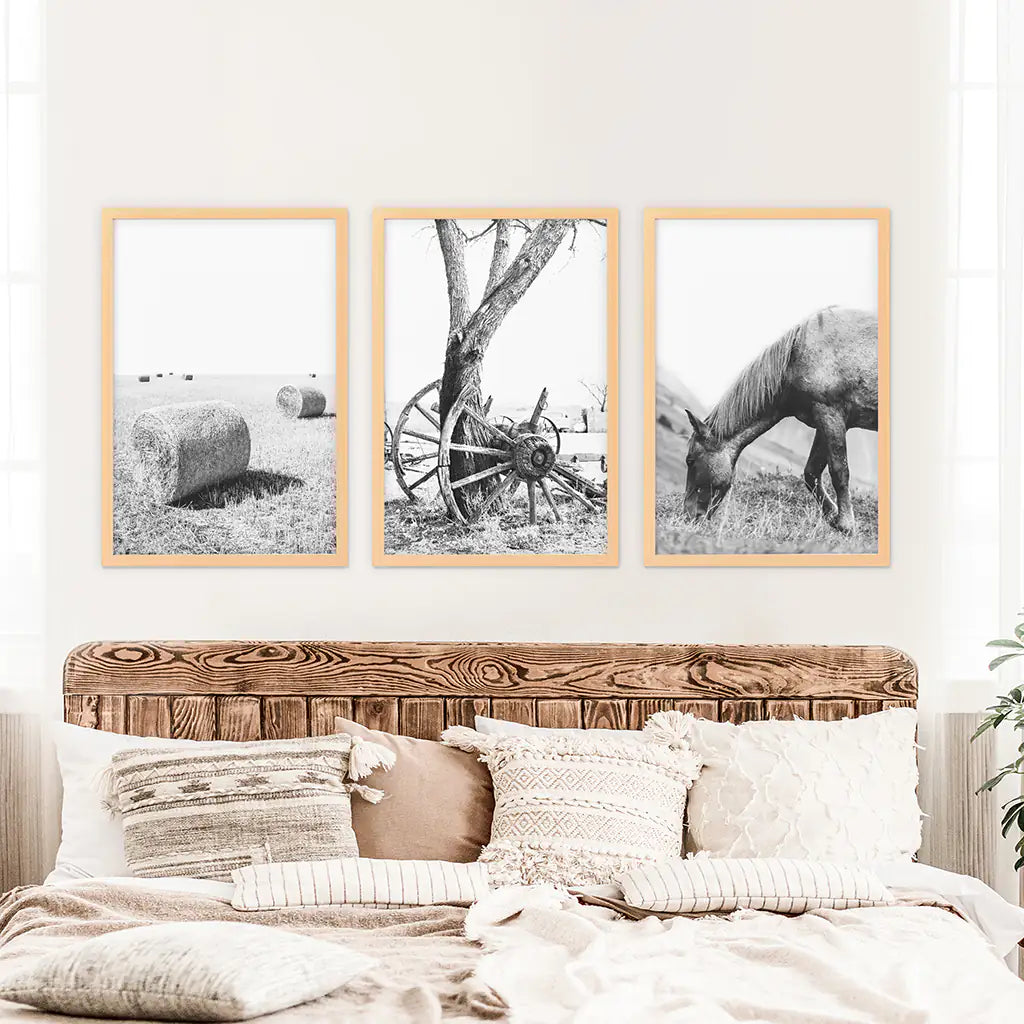 Black White Farm House Wall Décor. Horse, Hay Bales