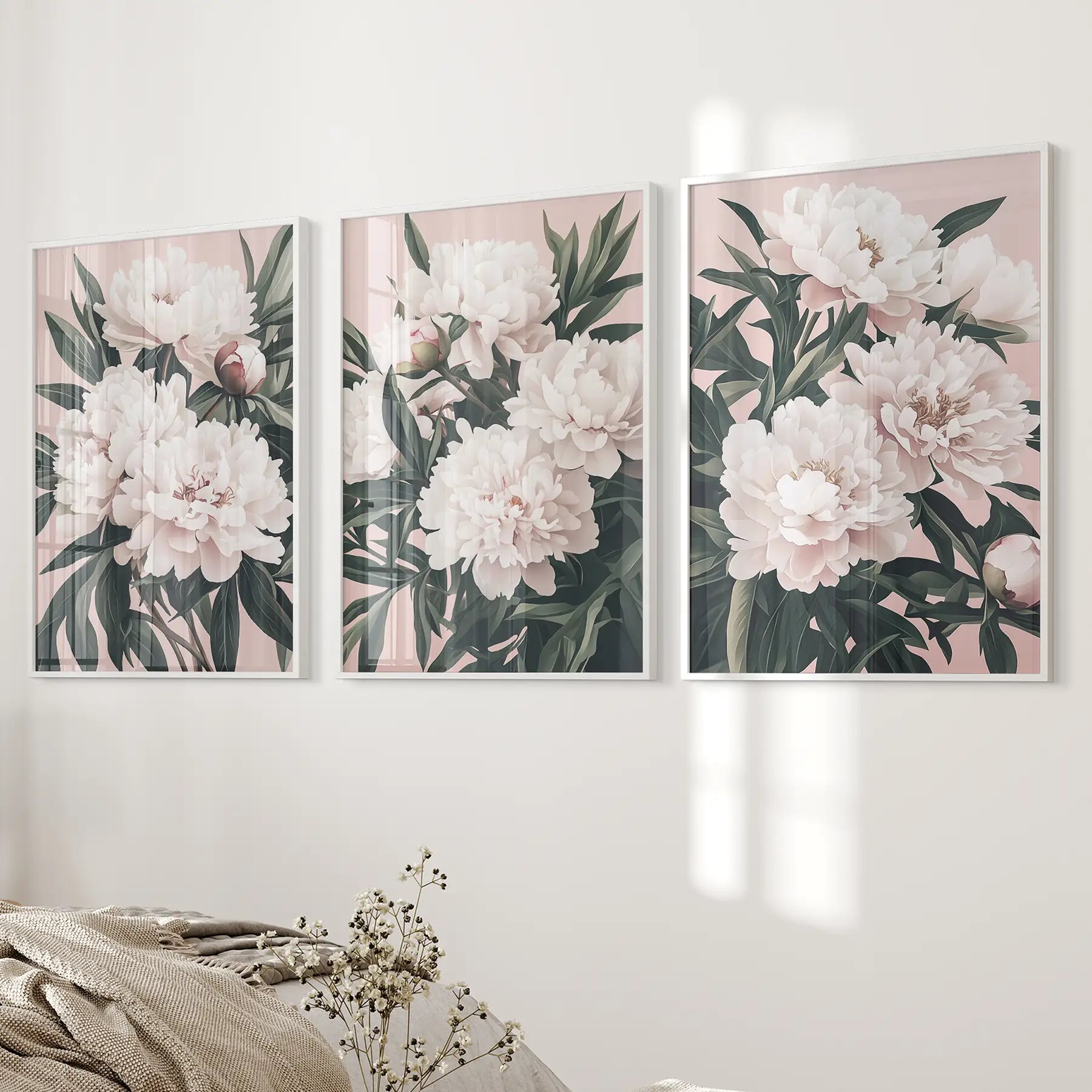 Peonies Flowers Wall Art Set of 3. Pink and Green Decor