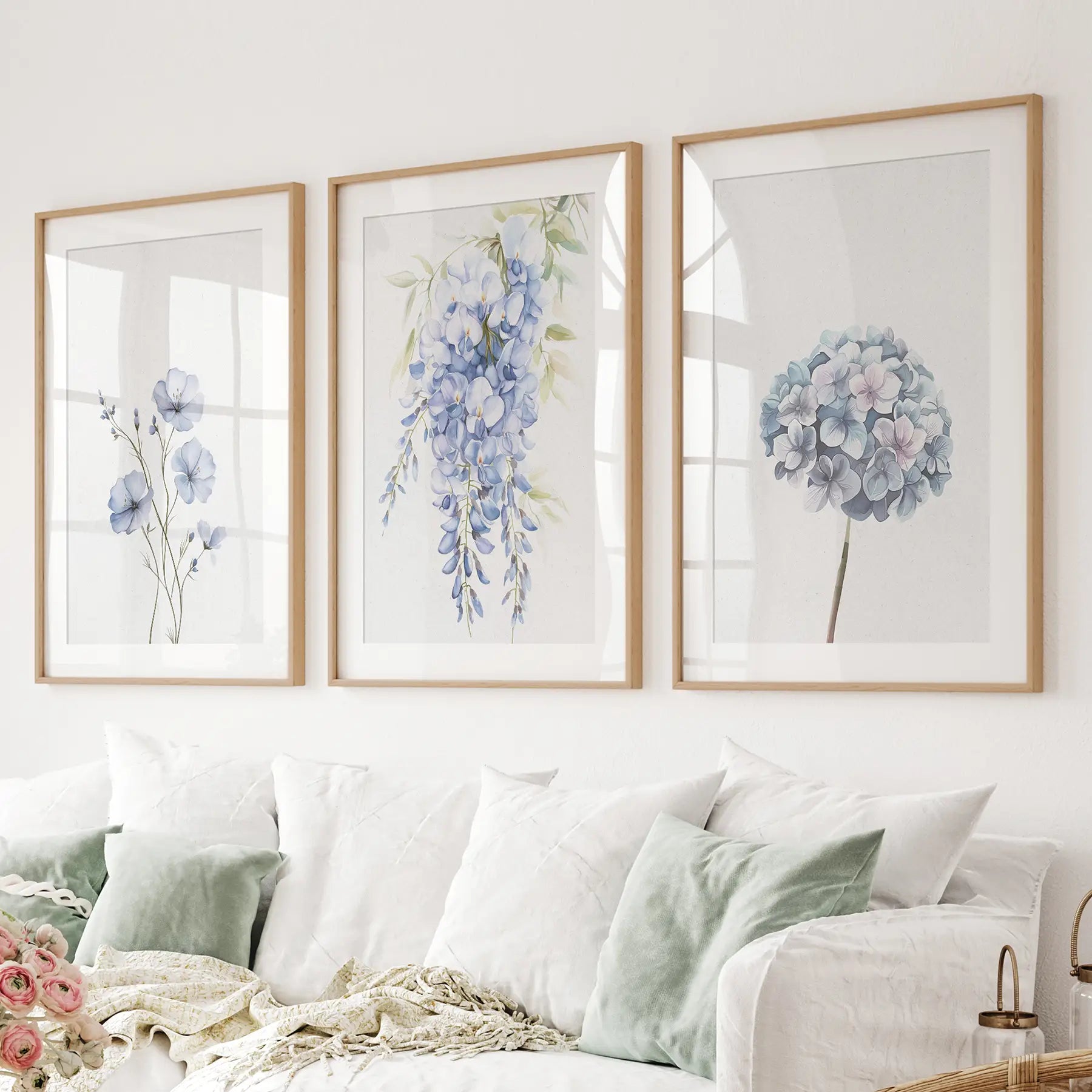 Set of 3 Blue Watercolor Minimalist Flowers Prints