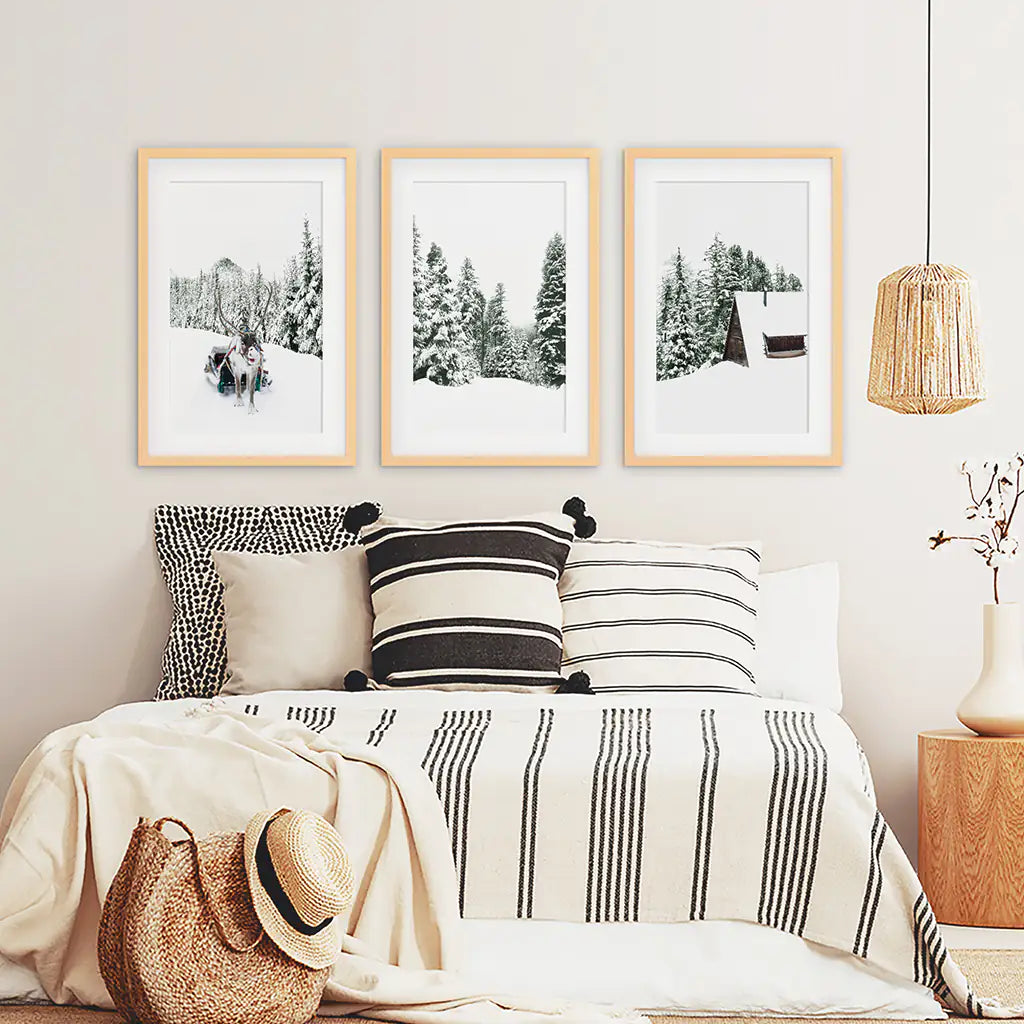 Winter Snowy Nature Triptych. Reindeer, Log Cabin, Pine Tree