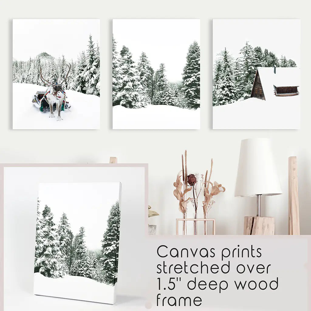 Winter Snowy Nature Triptych. Reindeer, Log Cabin, Pine Tree