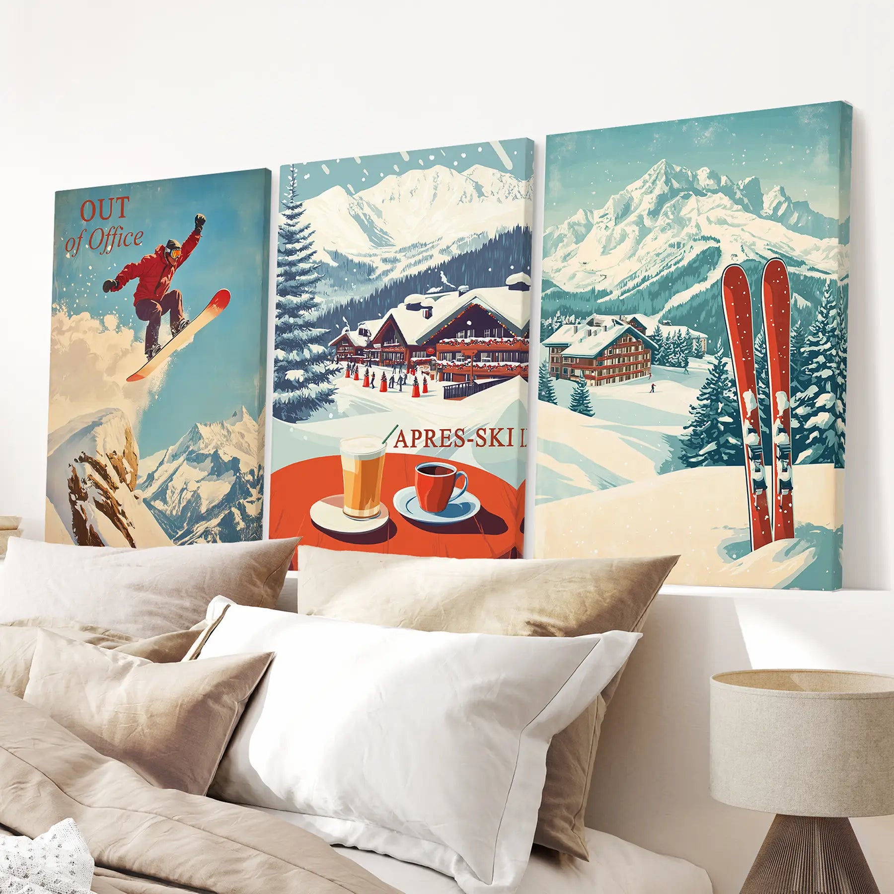 Ski Lodge Set of 3 Prints: Retro Snowboard, Après Ski Art