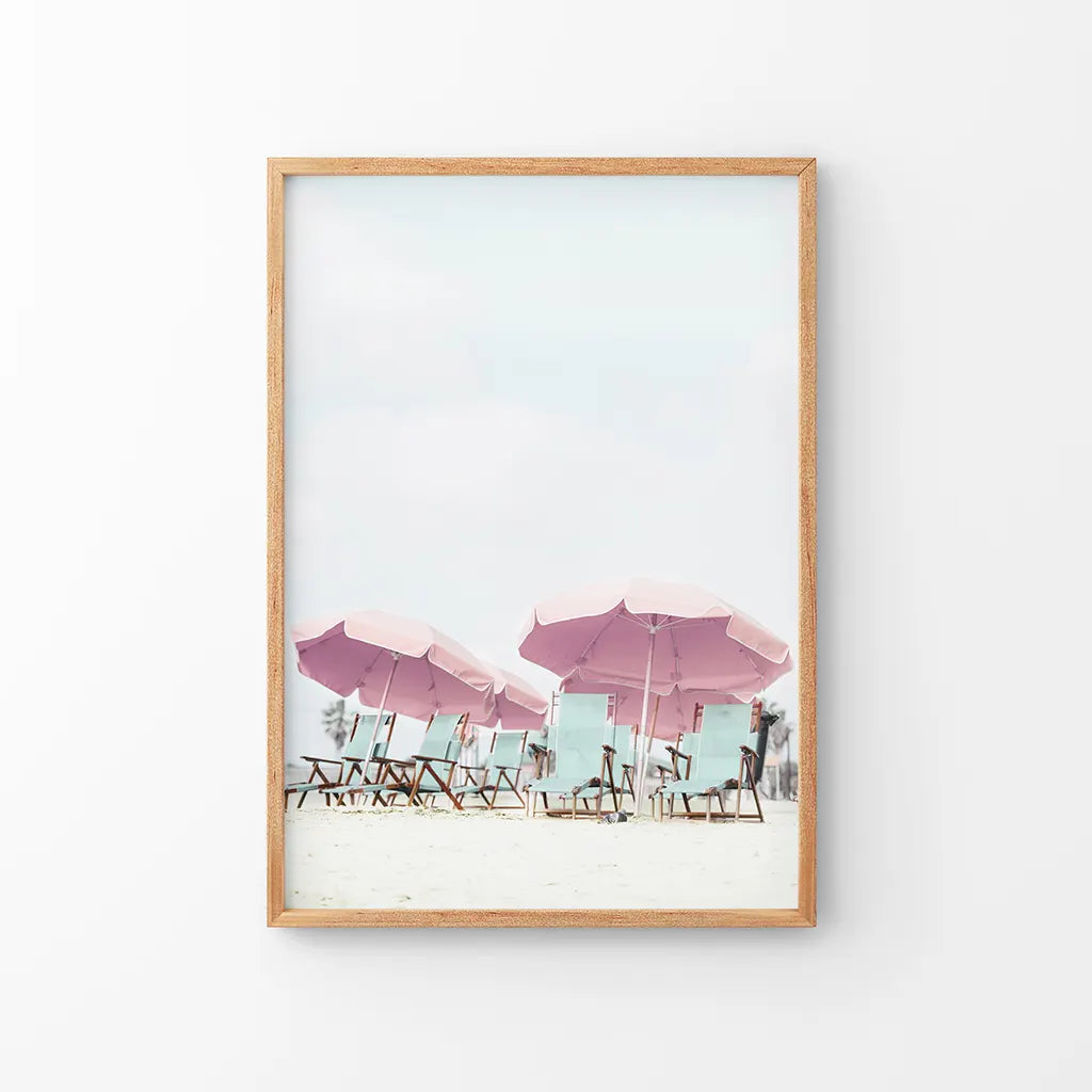 Pink Umbrella Wall Art Print. Summer Beach Theme