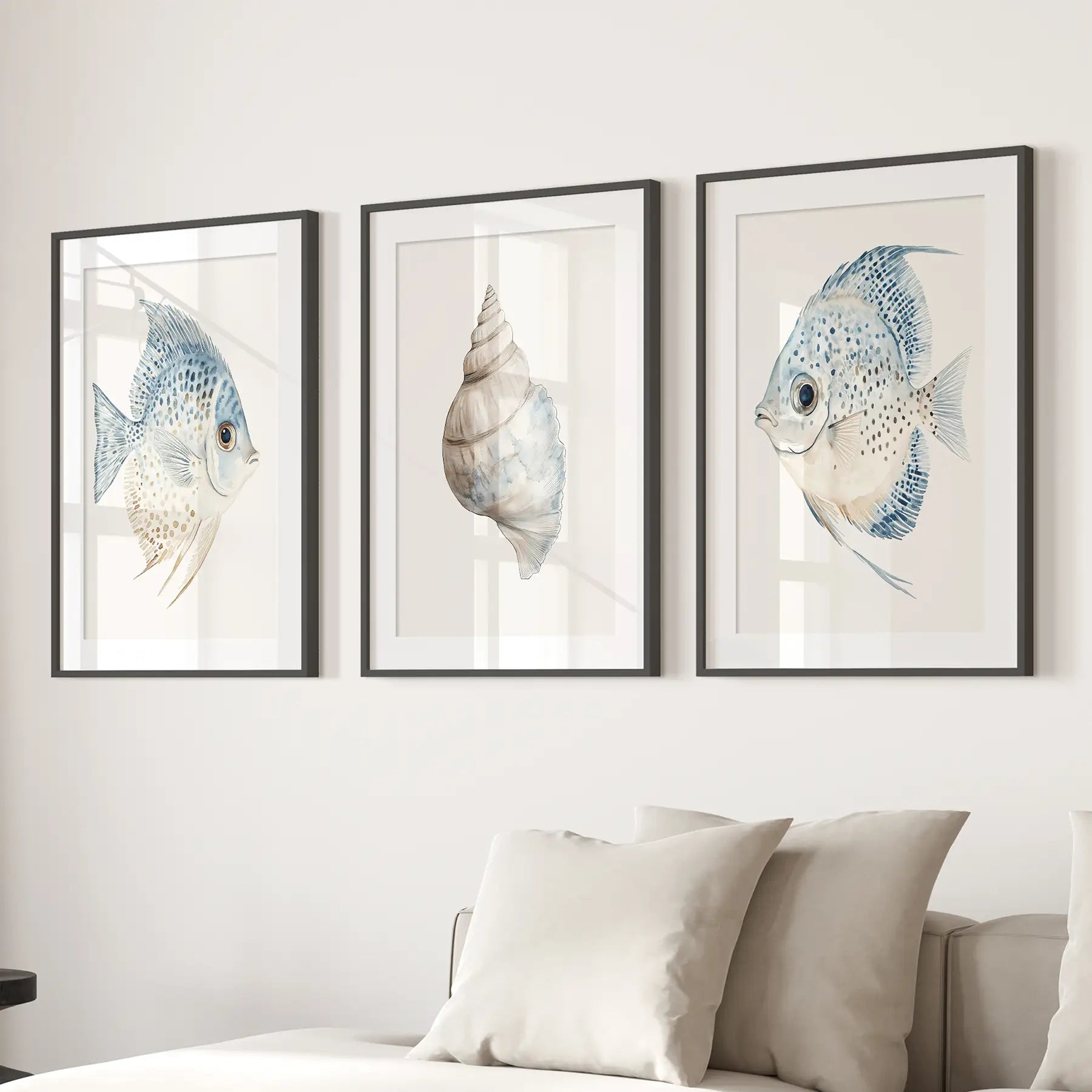 Trendy Nautical Wall Art Set of 3. Seashell and Fishes Posters