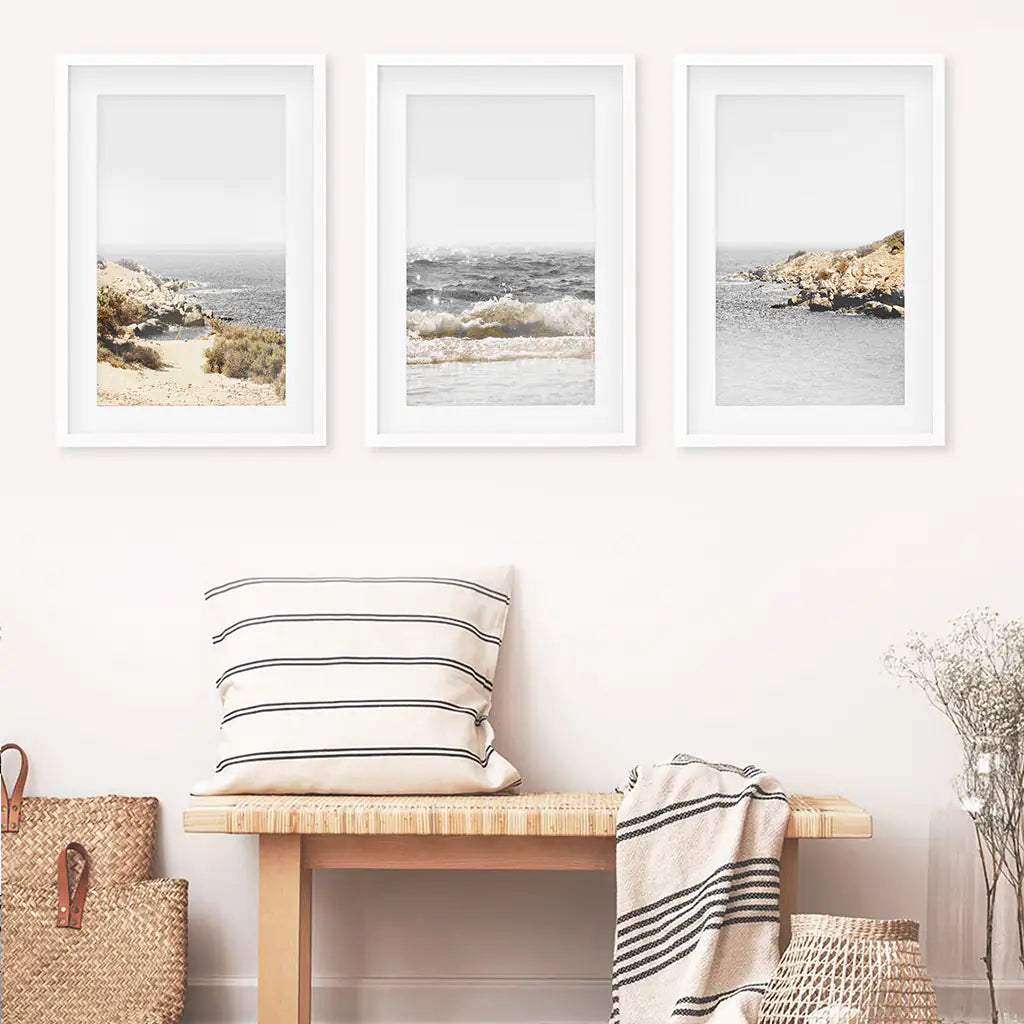 3 Piece Beige Ocean Beach Decor. Gray Waves with Rocks Wall Art
