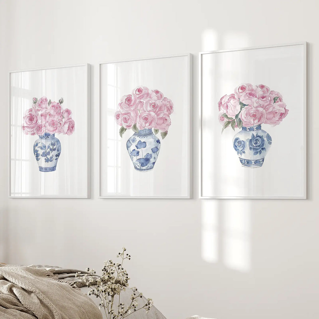 Blue Chinoiserie Watercolor Roses Art Print Set