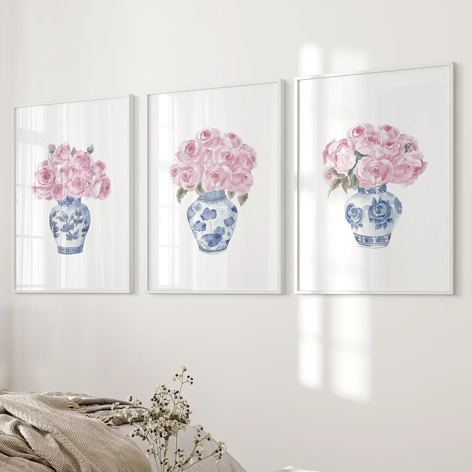 Blue Chinoiserie Watercolor Roses Art Print Set