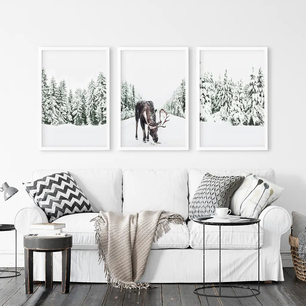 Nordic Winter Wall Art Set of 3. Snowy Forest and Moose