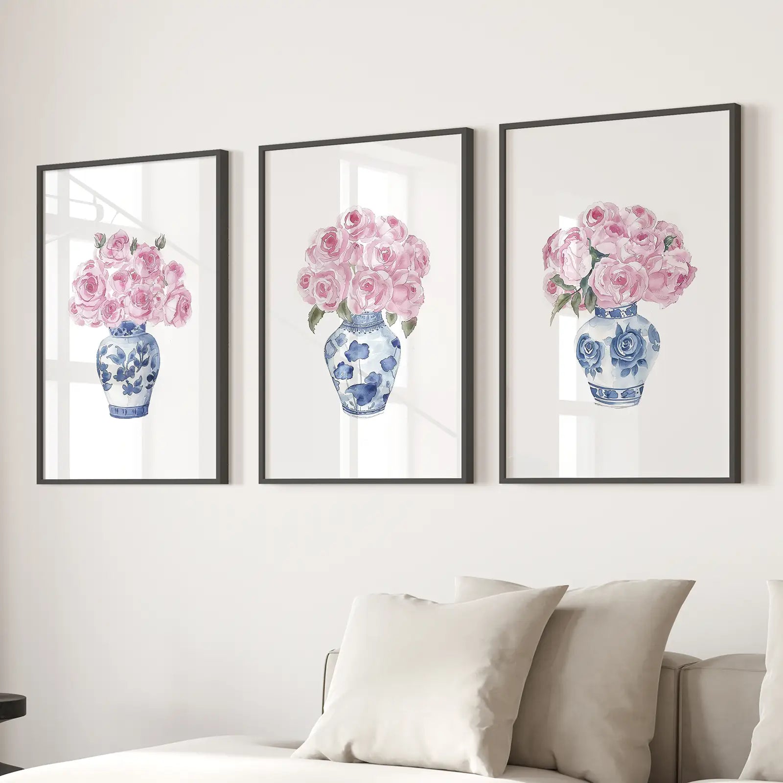 Blue Chinoiserie Watercolor Roses Art Print Set