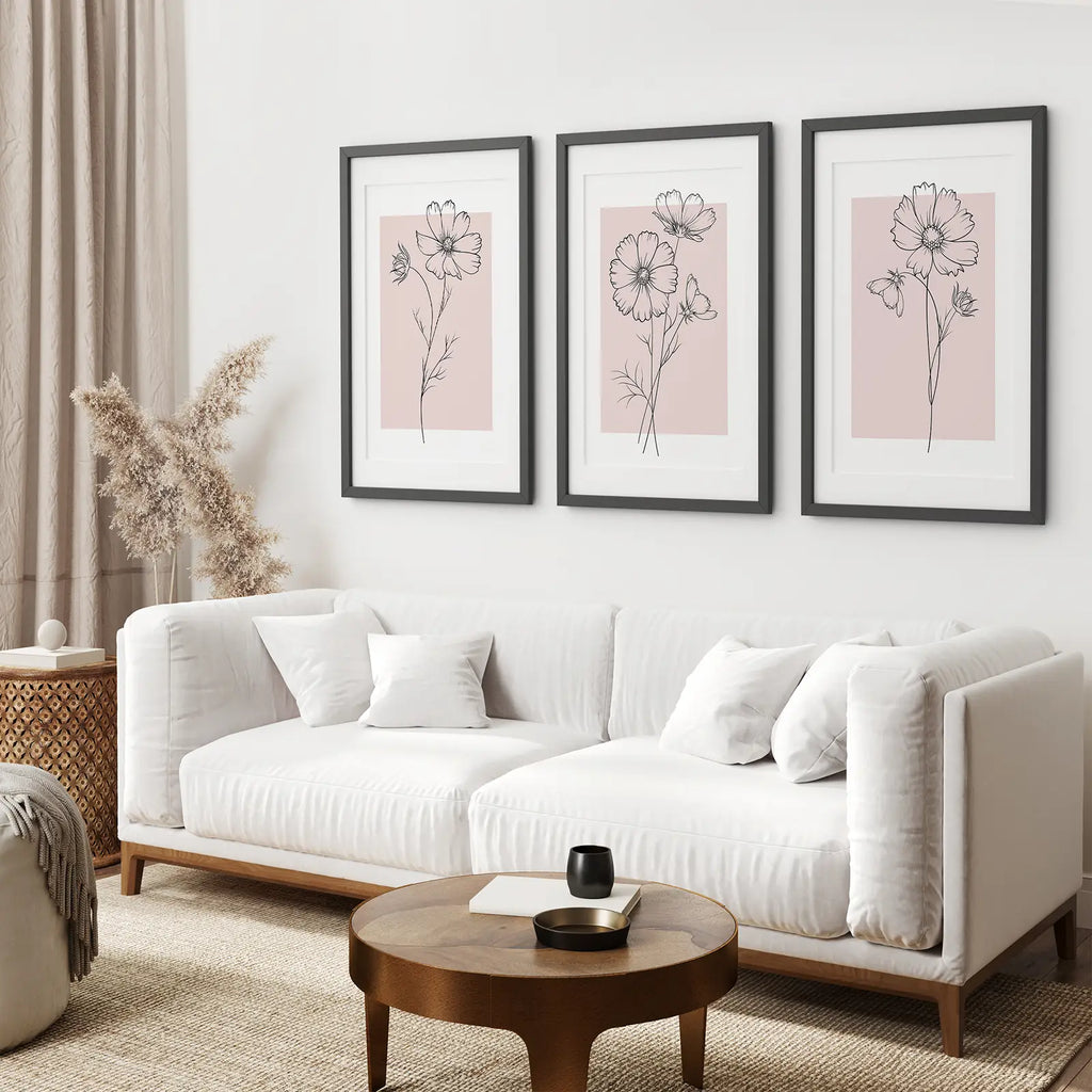 Pink Wall Art Set Of 3 Botanical Modern Decor