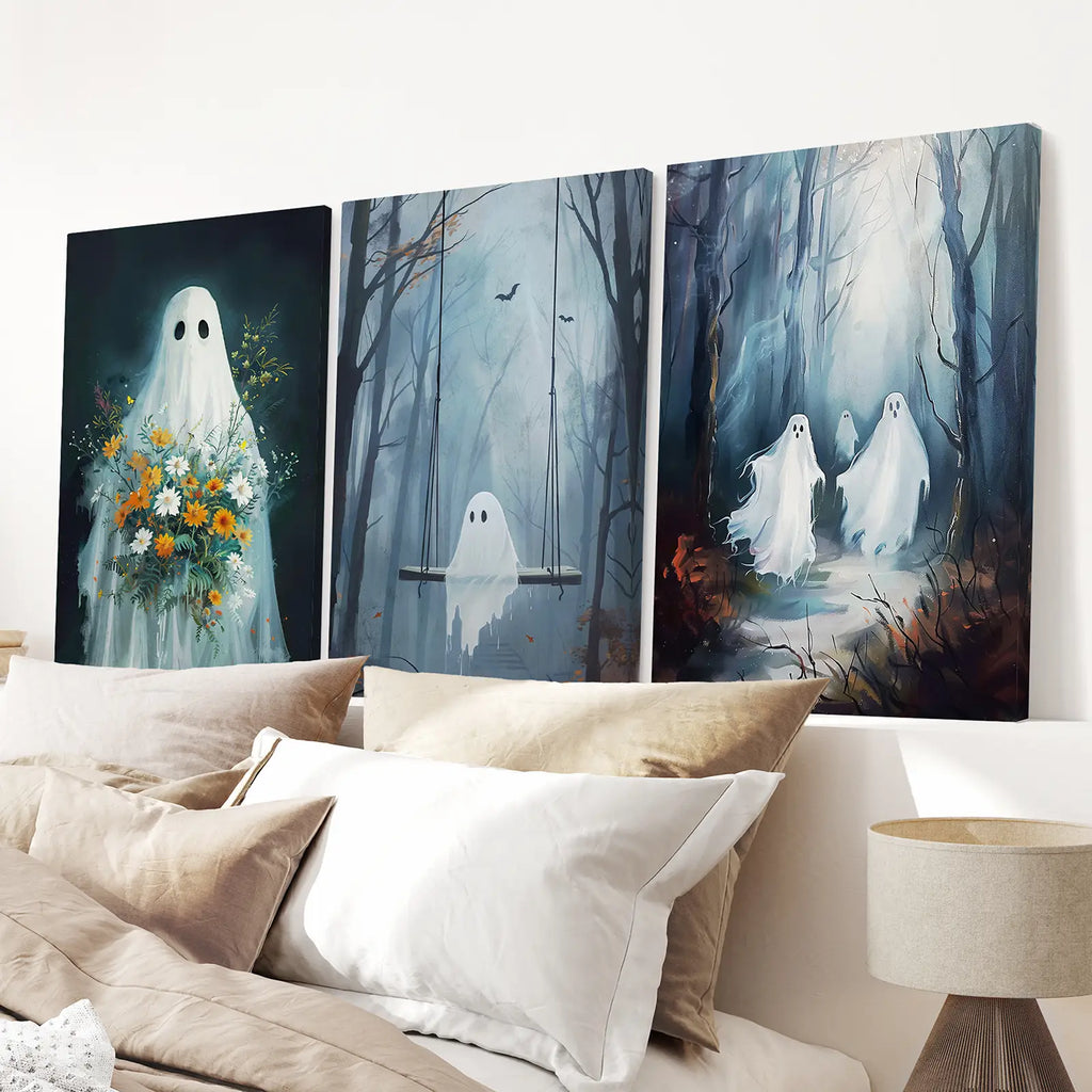 Cute Ghosts Halloween Art Print Gothic Decor Set