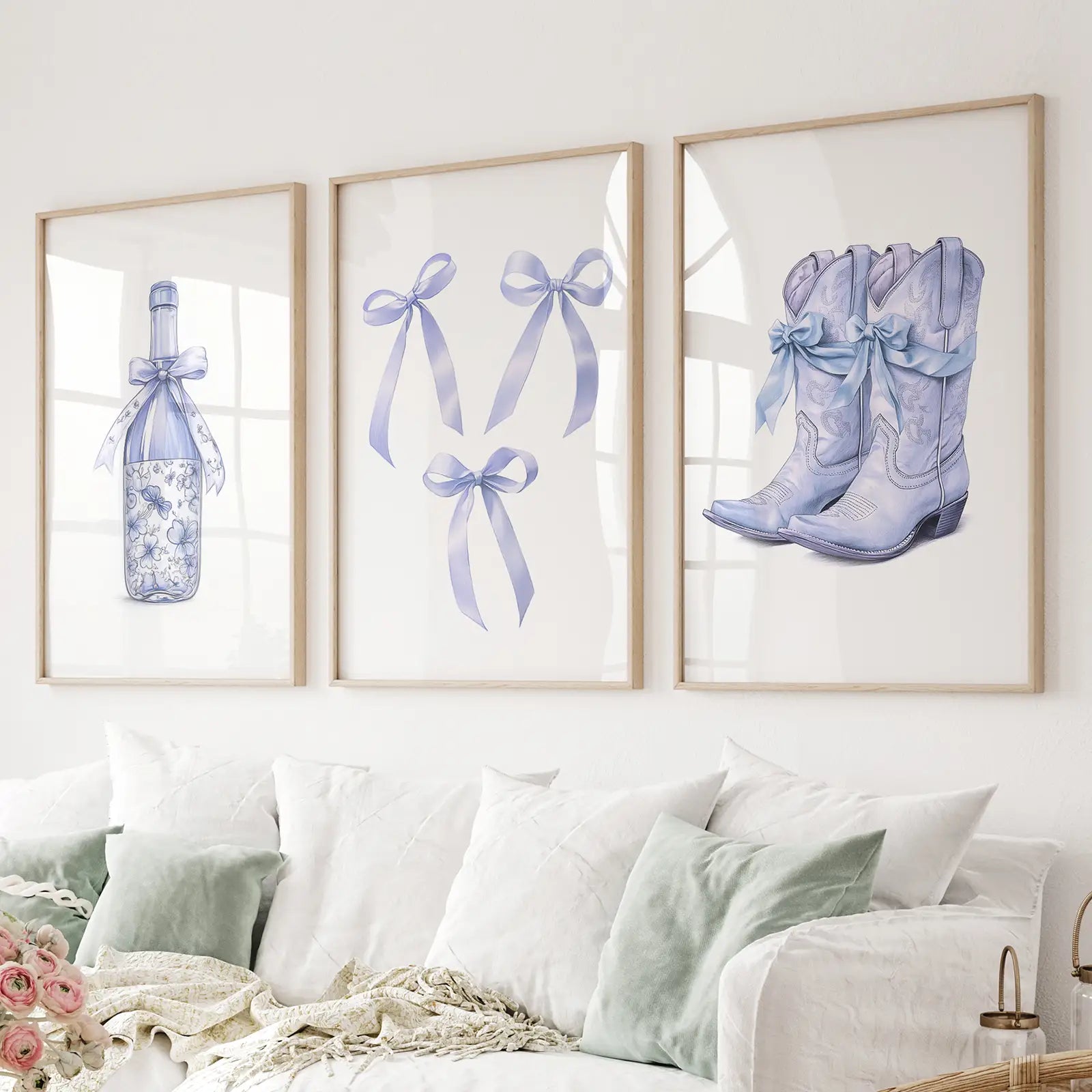 Trendy Blue Bows Girly Wall Art Set of 3 Print