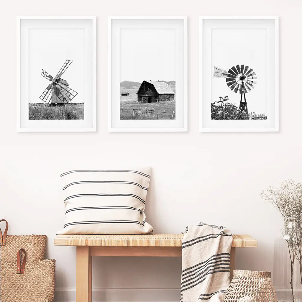 Black White Set of 3 Farm Style Prints. Windmill, Barn, Vane