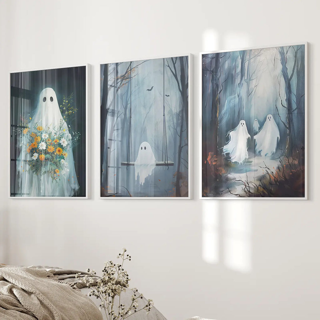 Cute Ghosts Halloween Art Print Gothic Decor Set