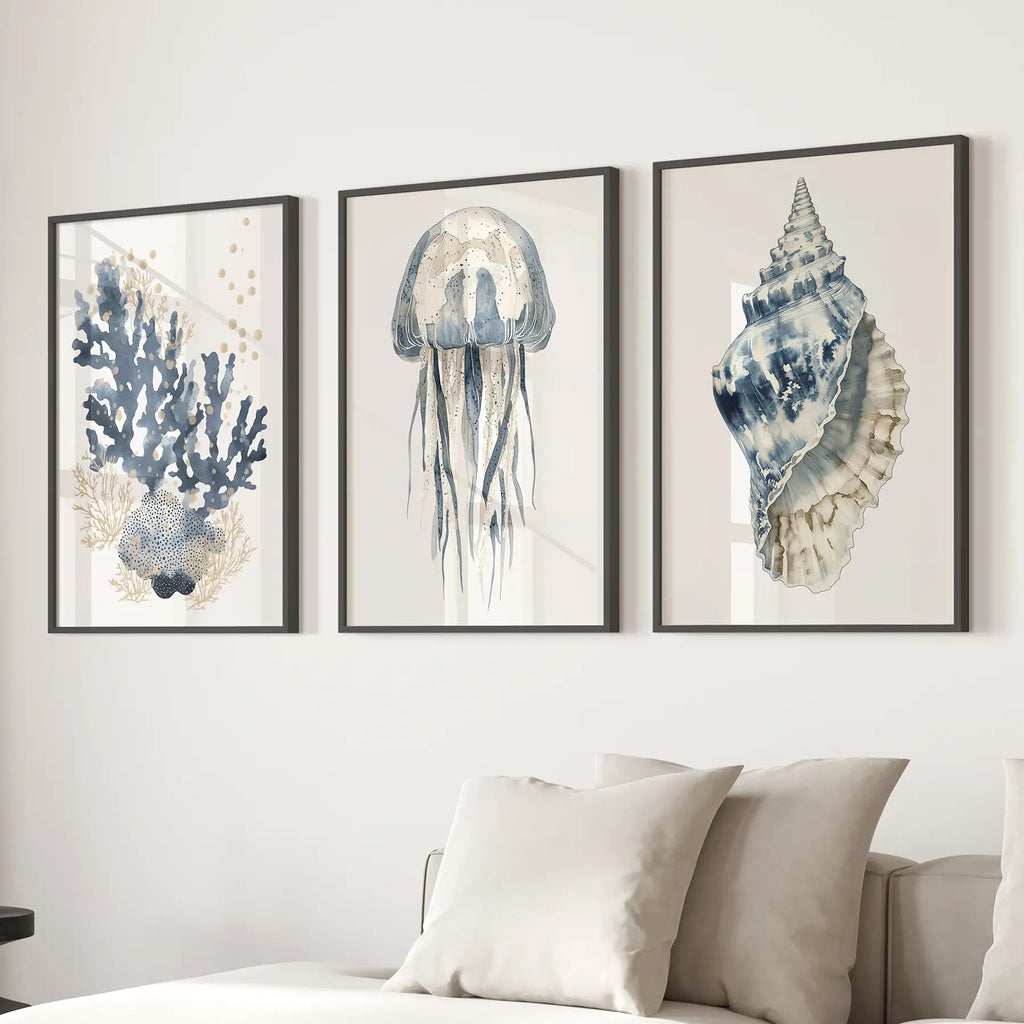 Beach House Wall Art Set. Blue Coral, Jellyfish, Shell