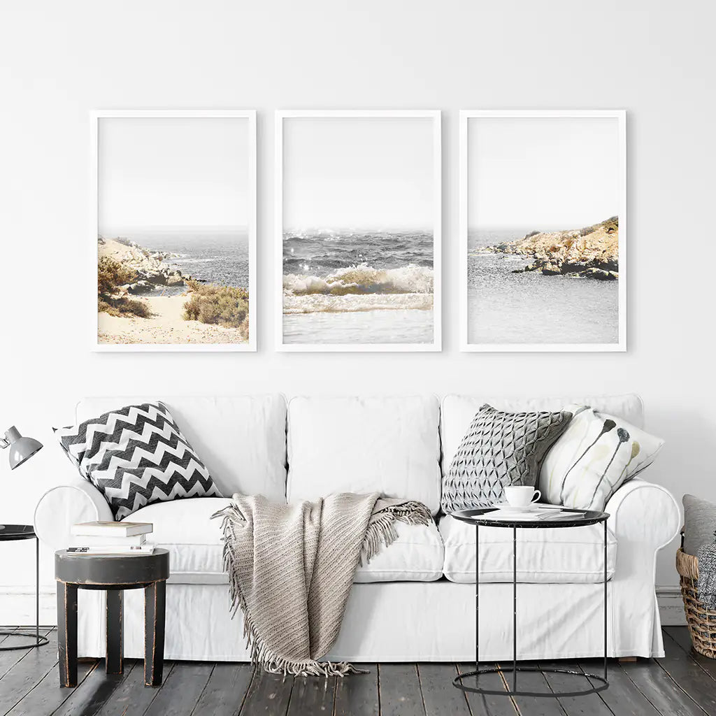 3 Piece Beige Ocean Beach Decor. Gray Waves with Rocks Wall Art