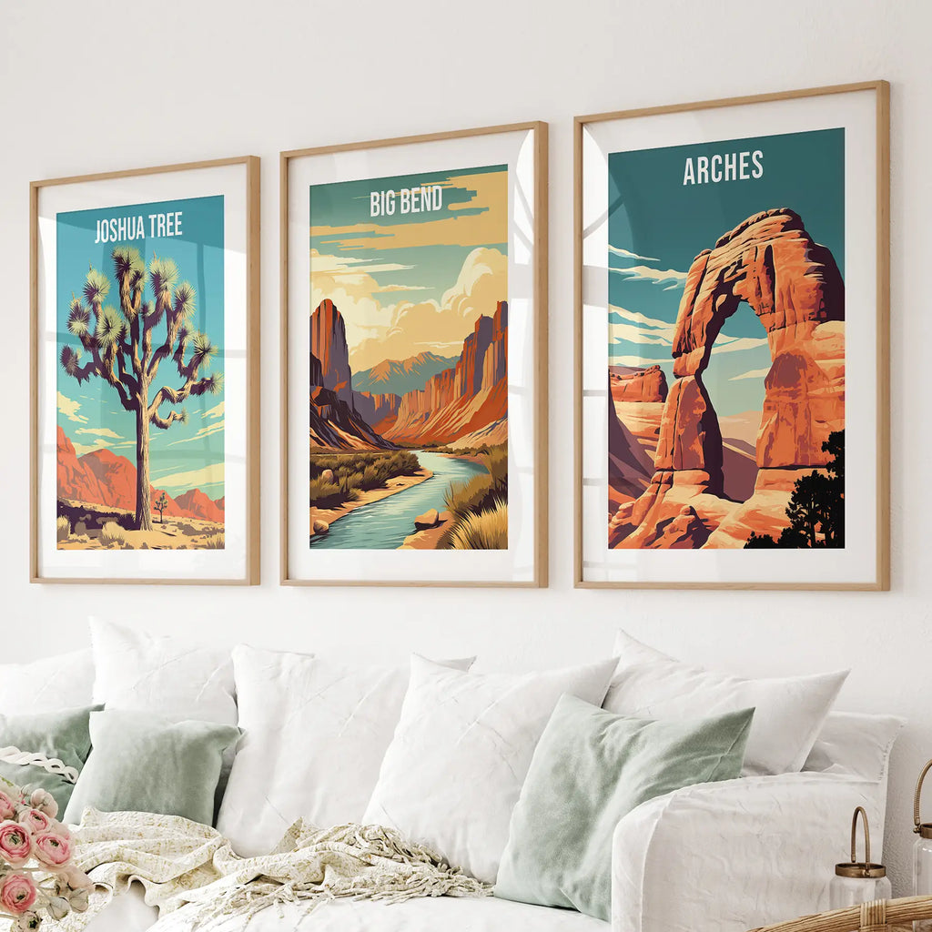 3 Piece USA National Park Art. Big Bend, Arches, Joshua Tree