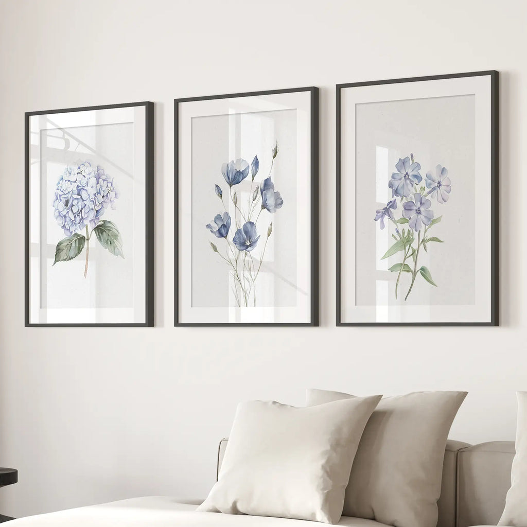 Watercolor Blue Flowers.Wall Art Set of 3 Piece