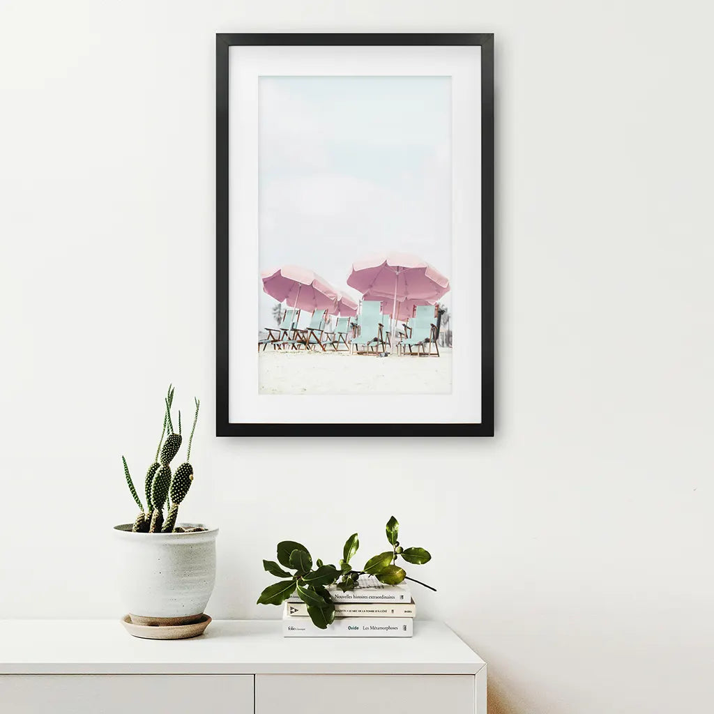 Pink Umbrella Wall Art Print. Summer Beach Theme