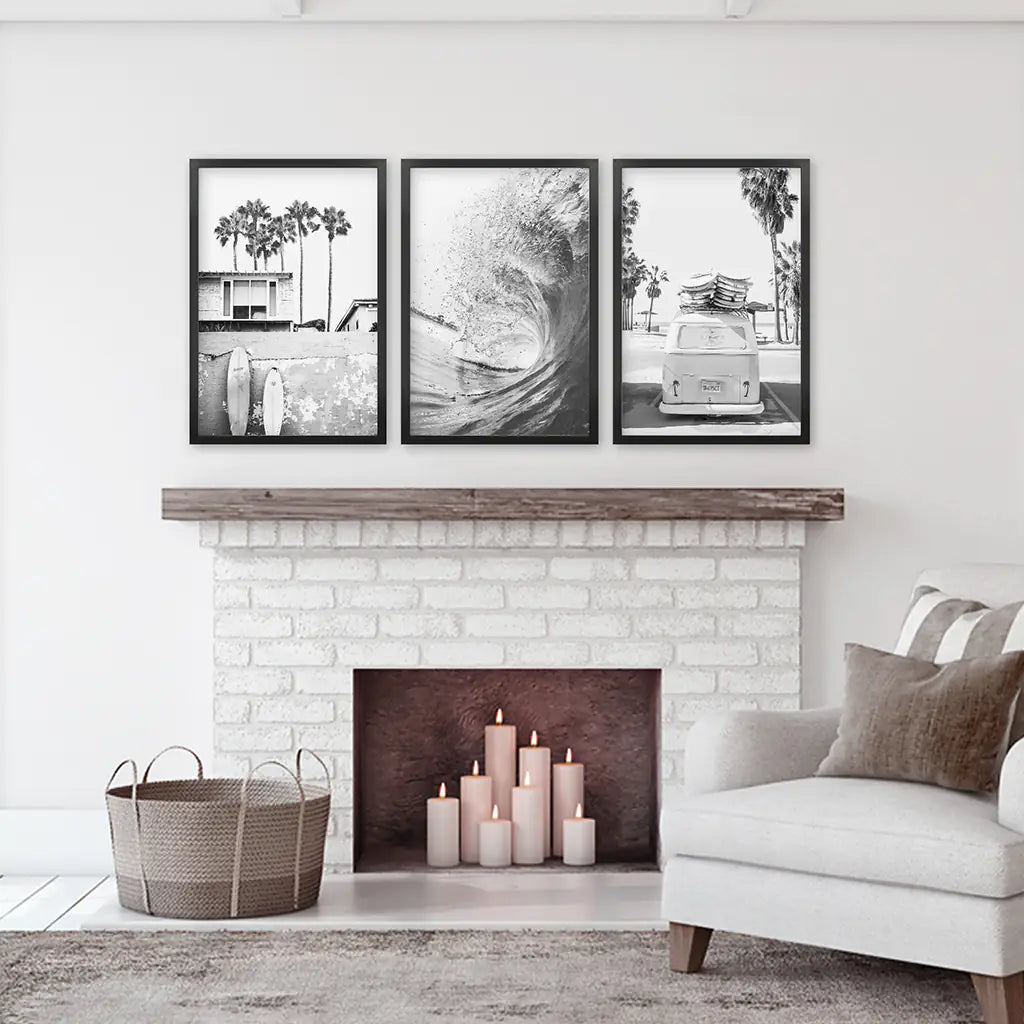 Black White California Surfing Prints. Van, Ocean Wave, Surfboards