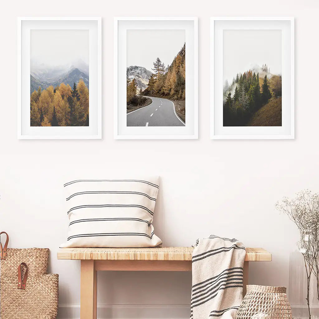 Brown Autumn Mountain Forest Scenery. Set of 3 Prints