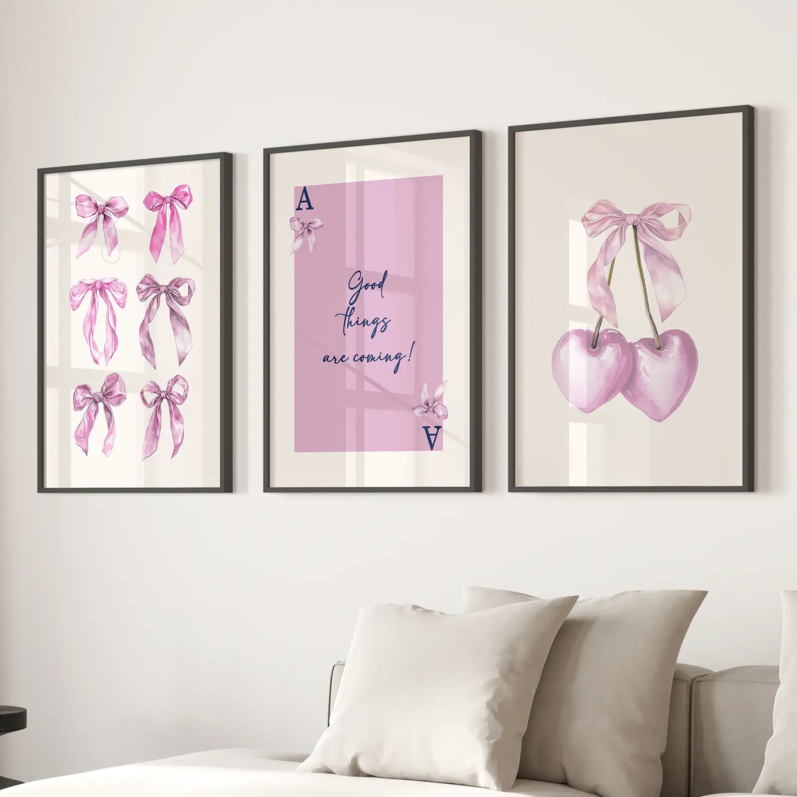 Trendy Pink Bows Wall Art Girly Print Decor Set