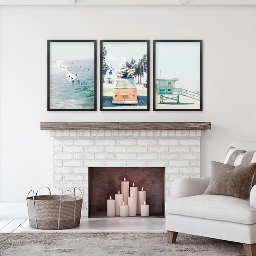 California Wall Art. Surfers on the Waves, Yellow Van, Lifeguard