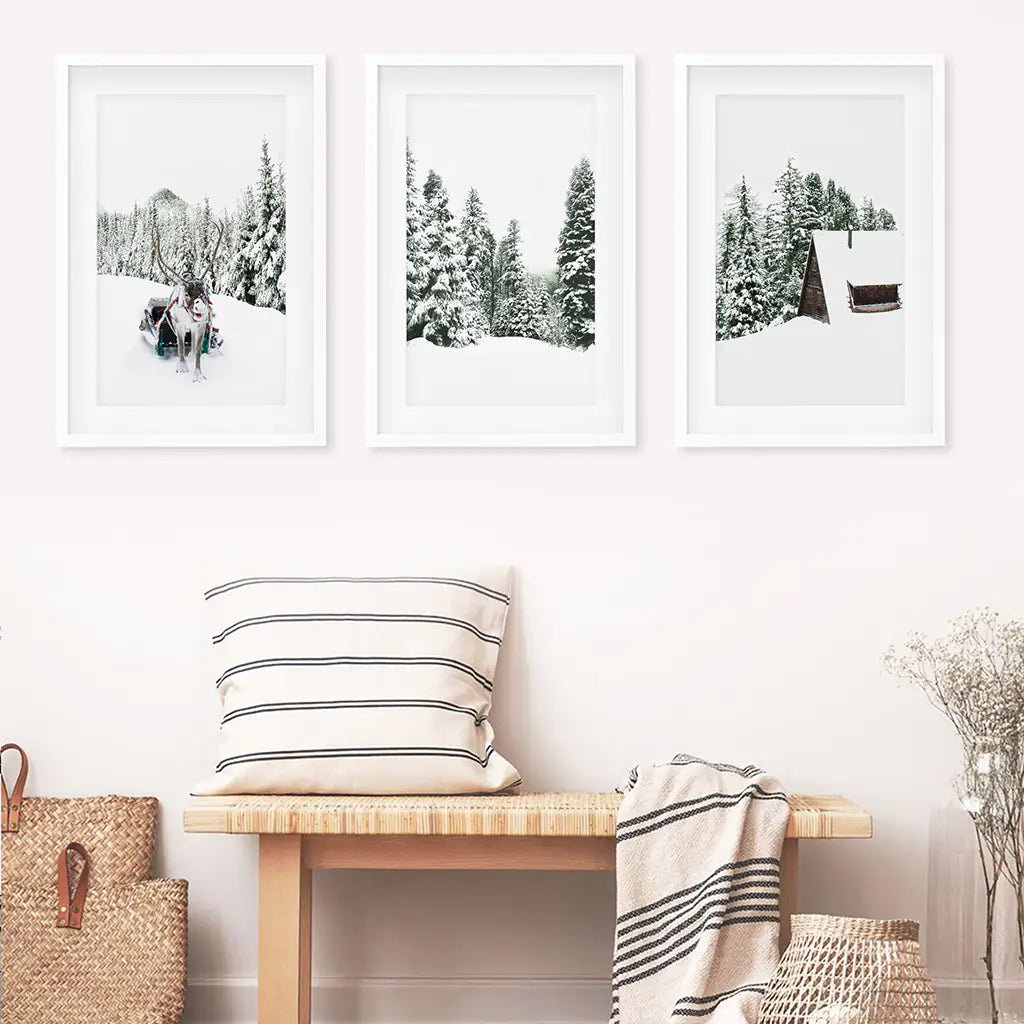 Winter Snowy Nature Triptych. Reindeer, Log Cabin, Pine Tree