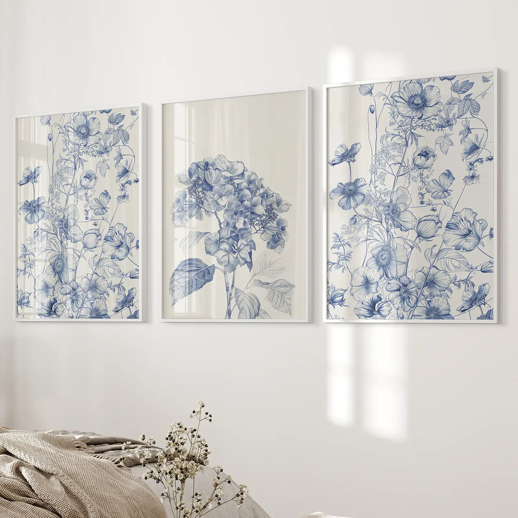 Chinoiserie Blue Flowers Watercolor Poster Decor