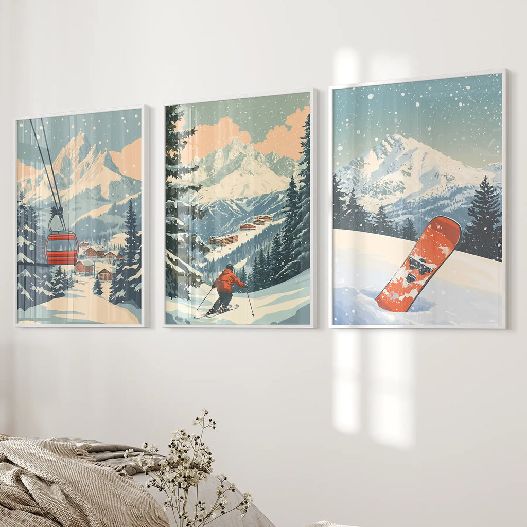 Vintage Ski Poster Set of 3. Snowboard, Skier & Ski Lift Wall Art