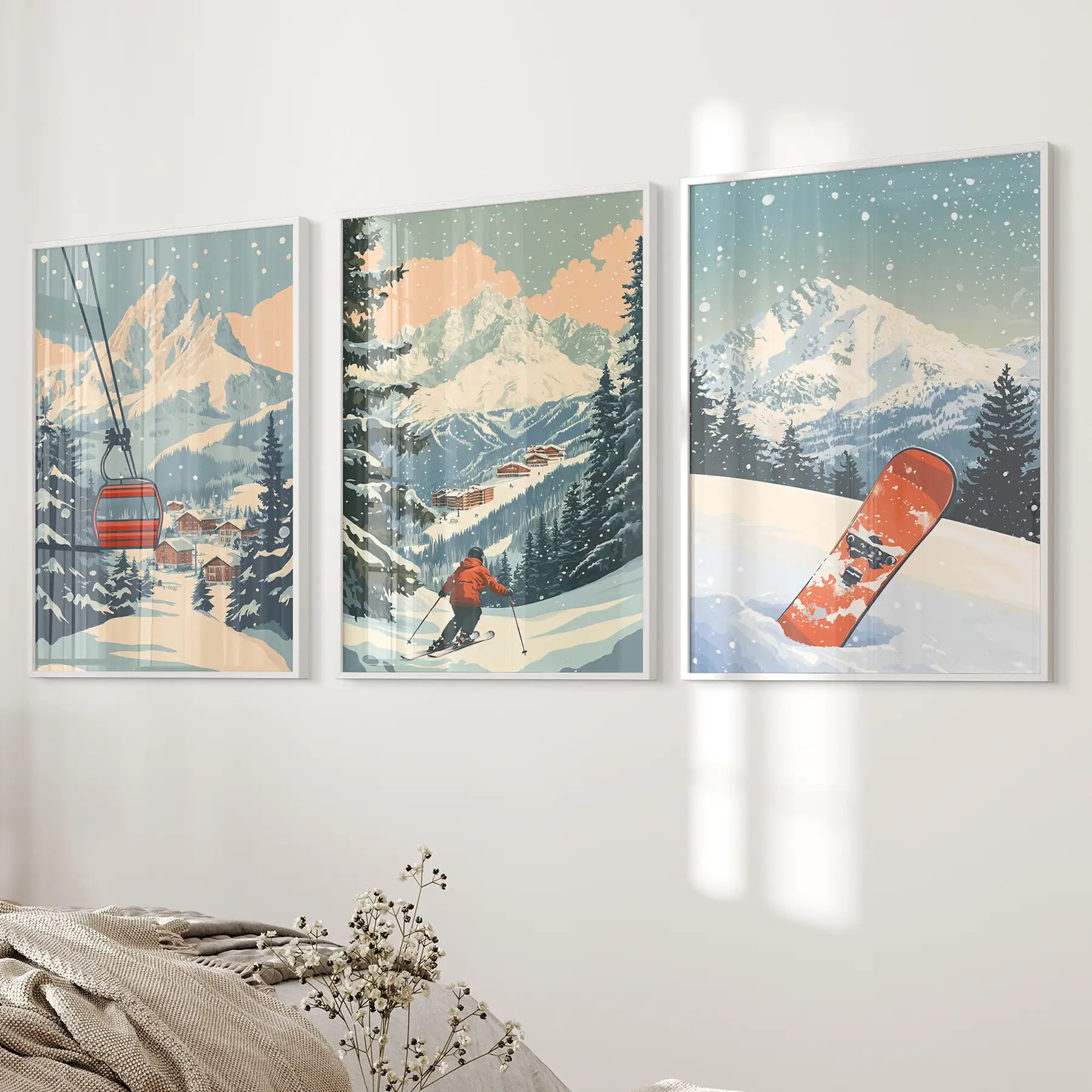 Vintage Ski Poster Set of 3. Snowboard, Skier & Ski Lift Wall Art