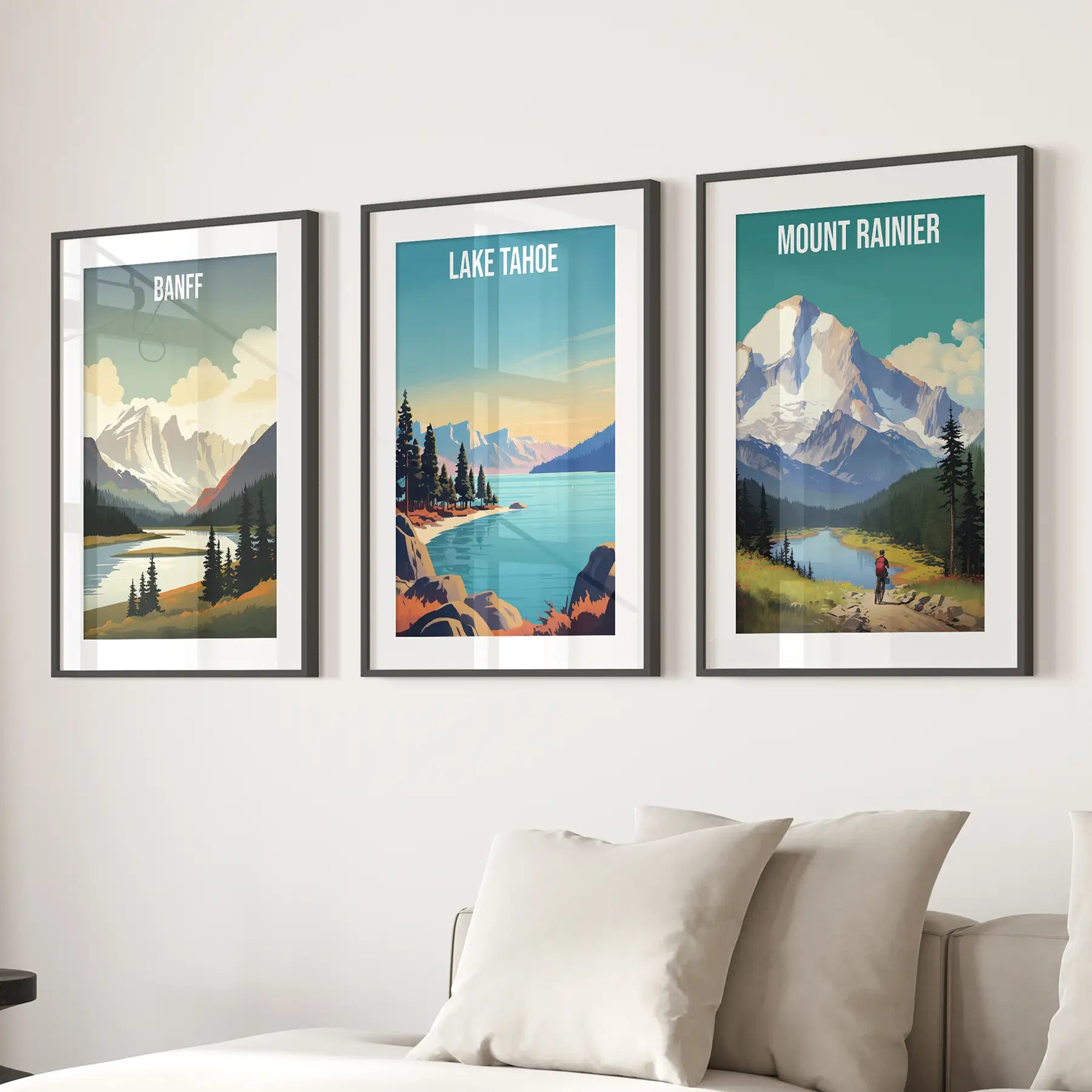 Set of 3 Travel Prints. Banff, Lake Tahoe, Mount Rainier Posters