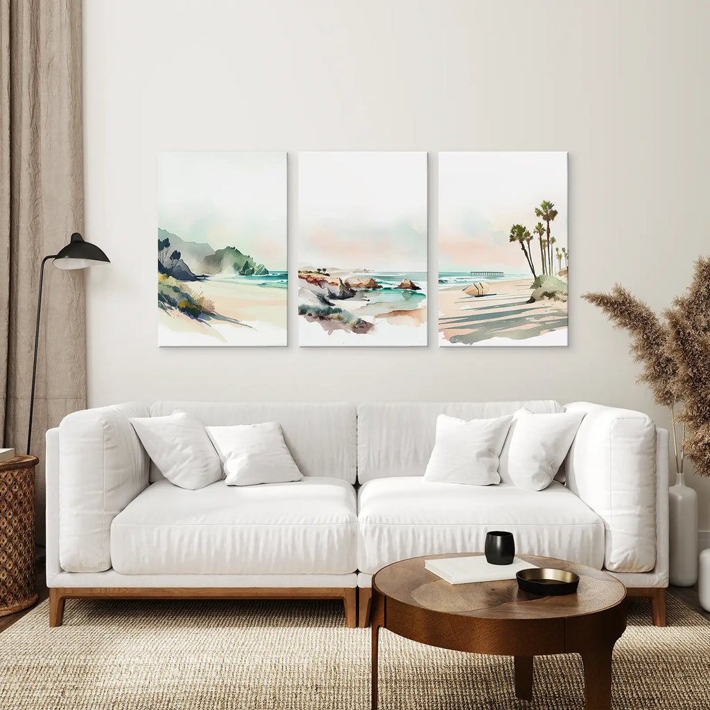Watercolor Beach Art. Set of 3 Tropical Ocean Scene Decor