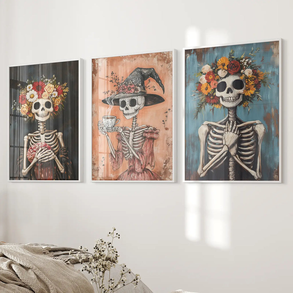 Cozy Floral Skeleton Wall Art Decor Poster Set