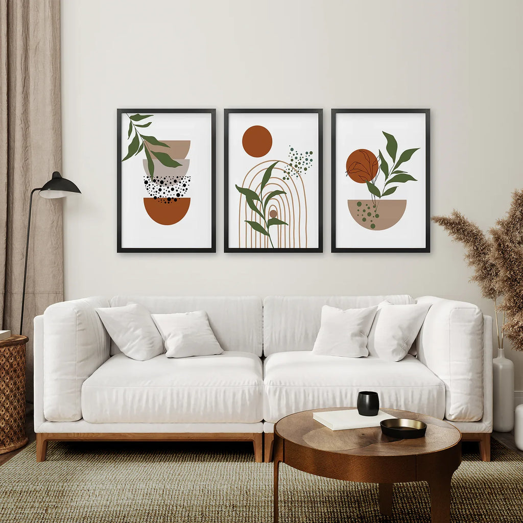 Abstract Green Leaves Wall Art Set of 3 Pieces. Earth Tones