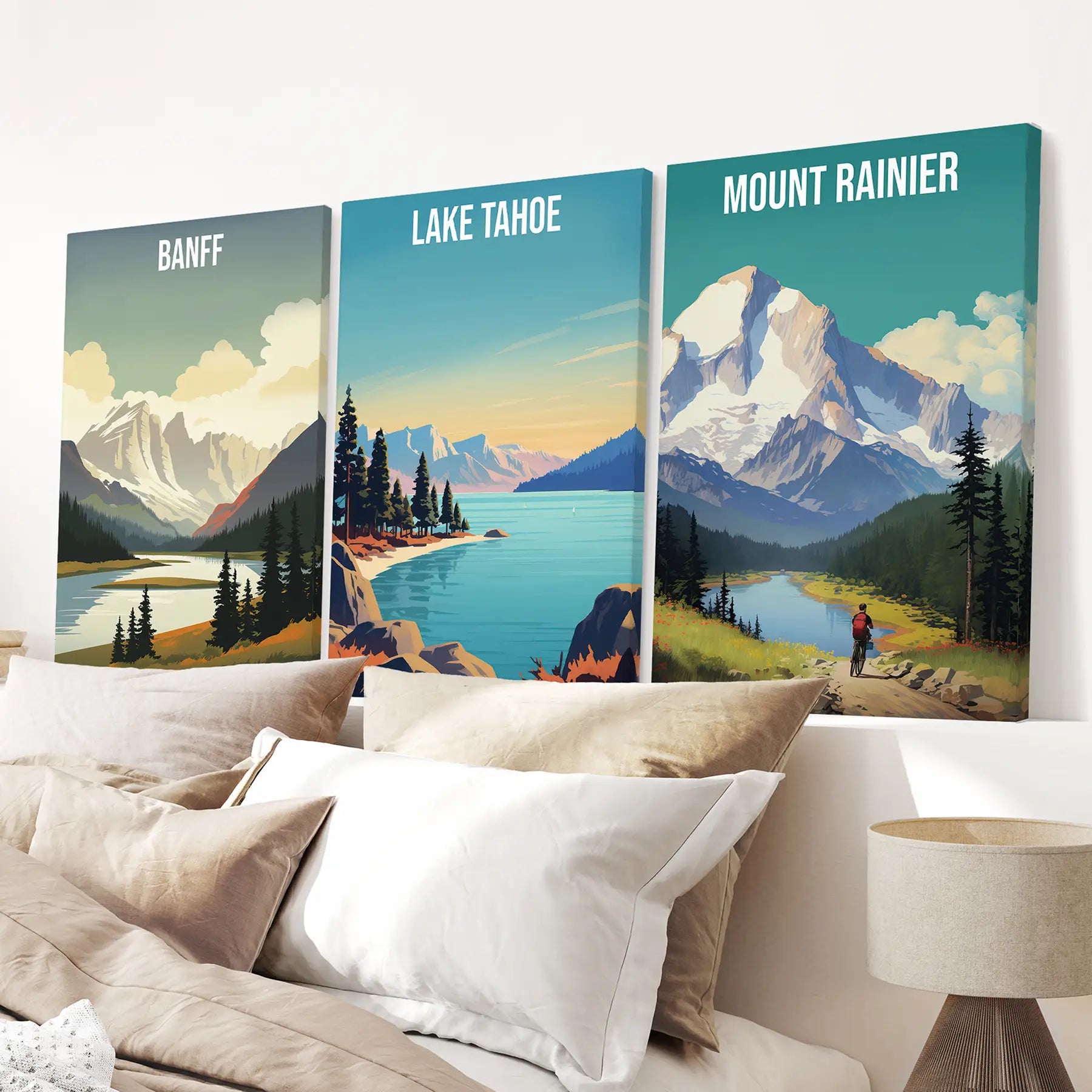 Set of 3 Travel Prints. Banff, Lake Tahoe, Mount Rainier Posters