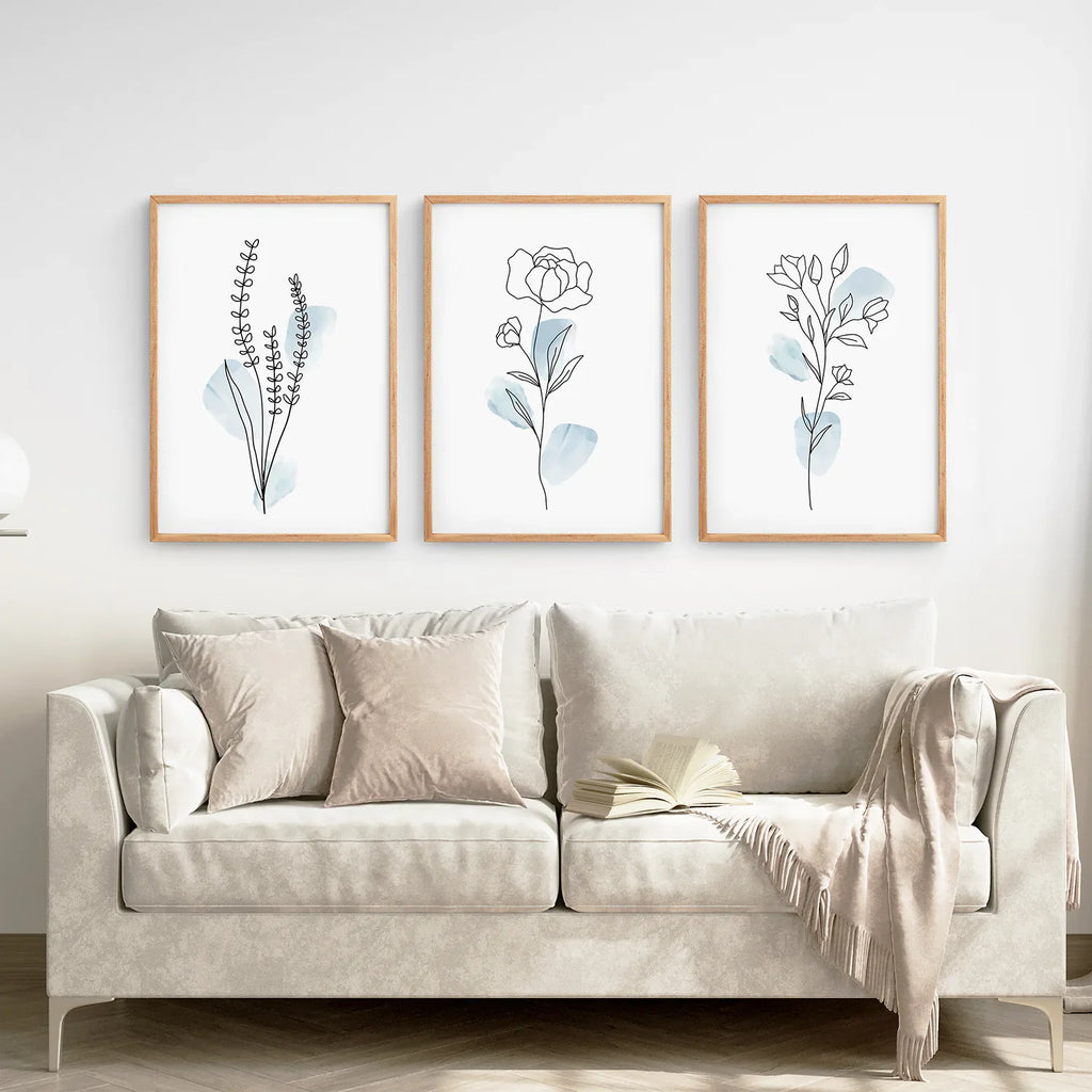 Botanical Line Art Set of 3 Pieces. Pastel Blue Flowers