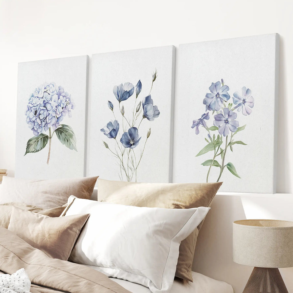Watercolor Blue Flowers.Wall Art Set of 3 Piece