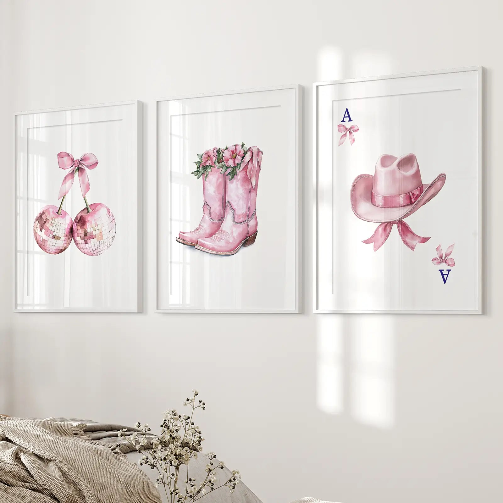 Cowgirl Hat and Boots Wall Art Pink Poster Set
