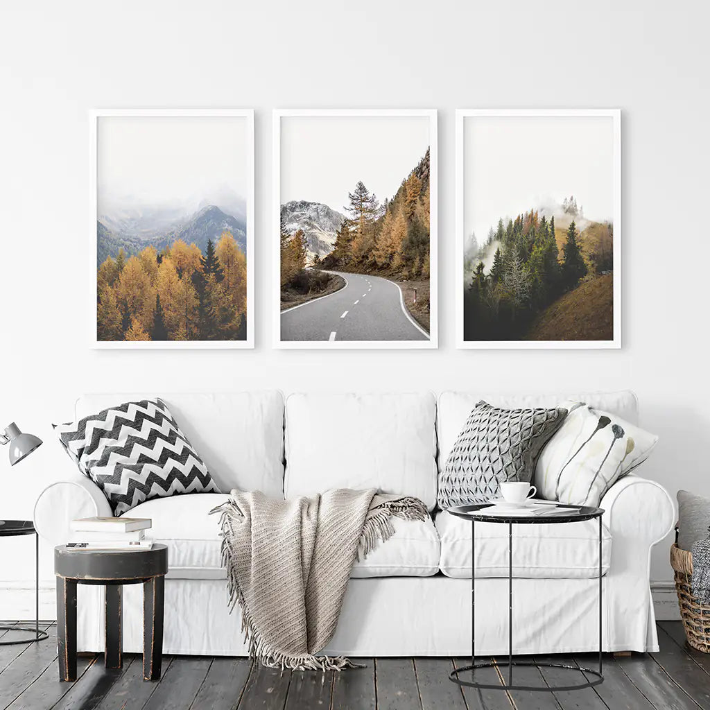 Brown Autumn Mountain Forest Scenery. Set of 3 Prints